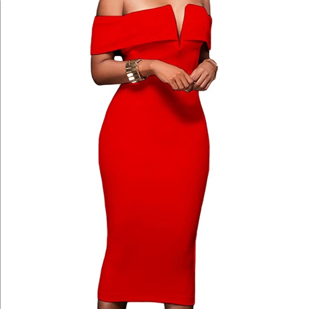 Women’s sexy v neck off shoulder red dress xl